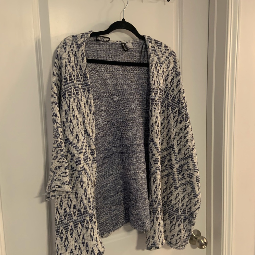 Divided Blue and White Cardigan Sweater with Open Front